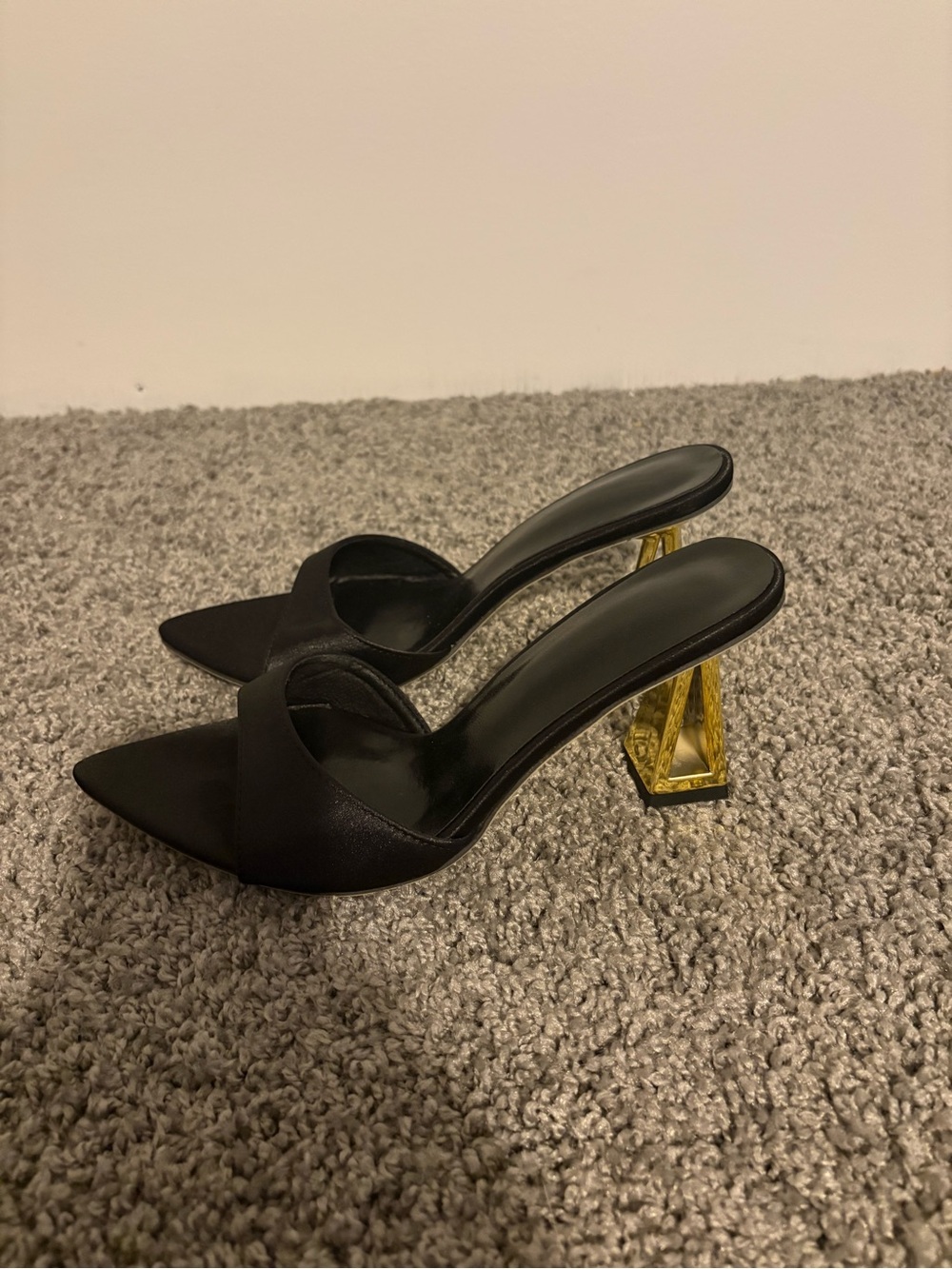 Black Pointed Toe Mule Heels with Gold Geometric Heel